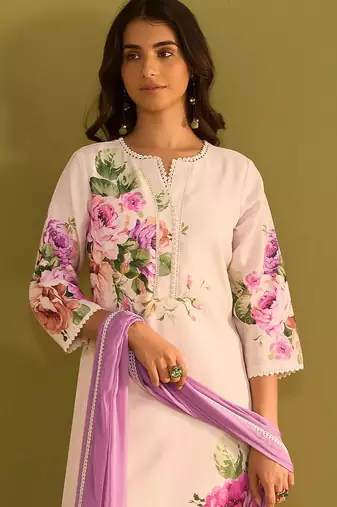 Floral Printed Beads And Stones Notch Neck Linen Kurta With Trousers & Dupatta