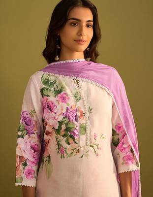 Floral Printed Beads And Stones Notch Neck Linen Kurta With Trousers & Dupatta 6