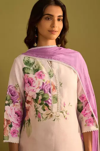 Floral Printed Beads And Stones Notch Neck Linen Kurta With Trousers & Dupatta