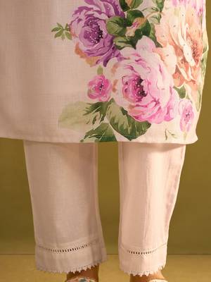 Floral Printed Beads And Stones Notch Neck Linen Kurta With Trousers & Dupatta 7