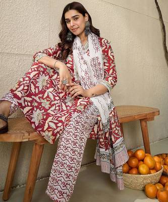 Floral Printed V-Neck Pure Cotton Straight Kurta With Trousers And Dupatta 1