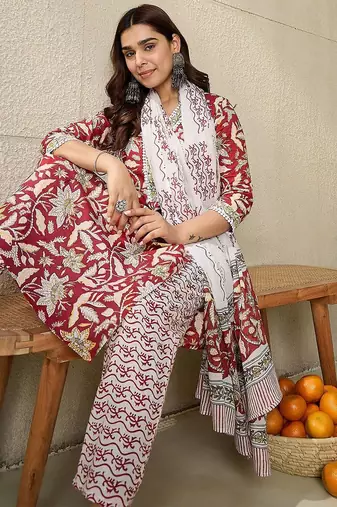 Floral Printed V-Neck Pure Cotton Straight Kurta With Trousers And Dupatta