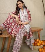 Floral Printed V-Neck Pure Cotton Straight Kurta With Trousers And Dupatta