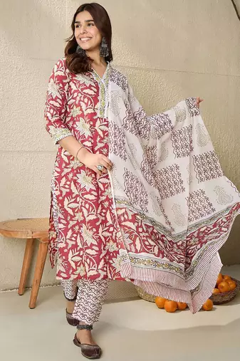 Floral Printed V-Neck Pure Cotton Straight Kurta With Trousers And Dupatta