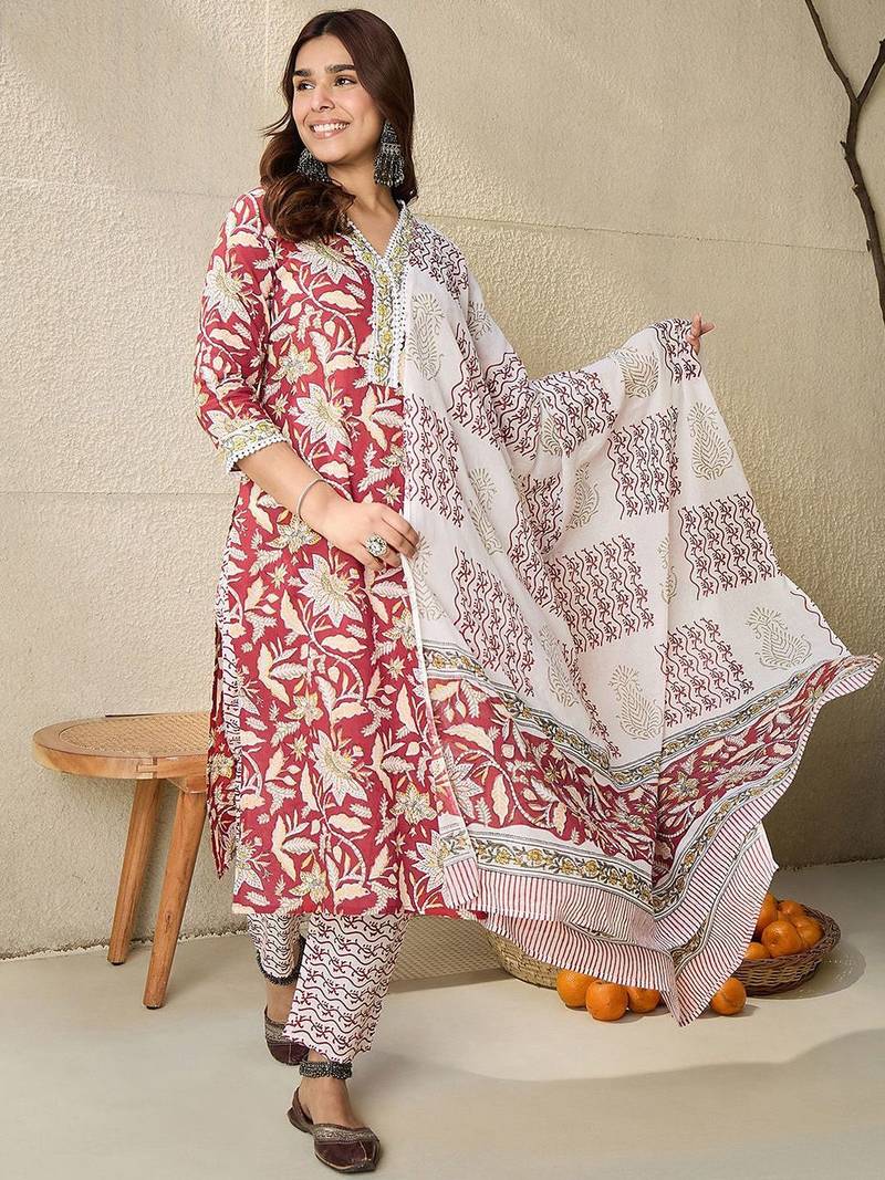Floral Printed V-Neck Pure Cotton Straight Kurta With Trousers And Dupatta