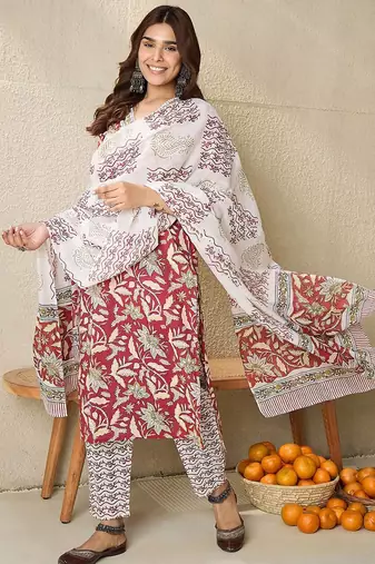 Floral Printed V-Neck Pure Cotton Straight Kurta With Trousers And Dupatta