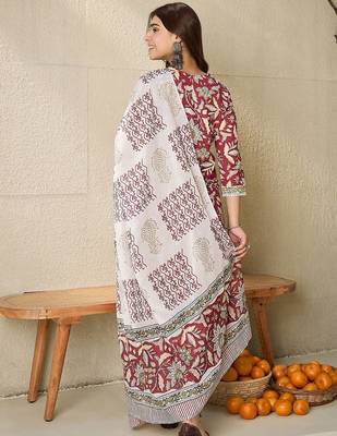 Floral Printed V-Neck Pure Cotton Straight Kurta With Trousers And Dupatta 6