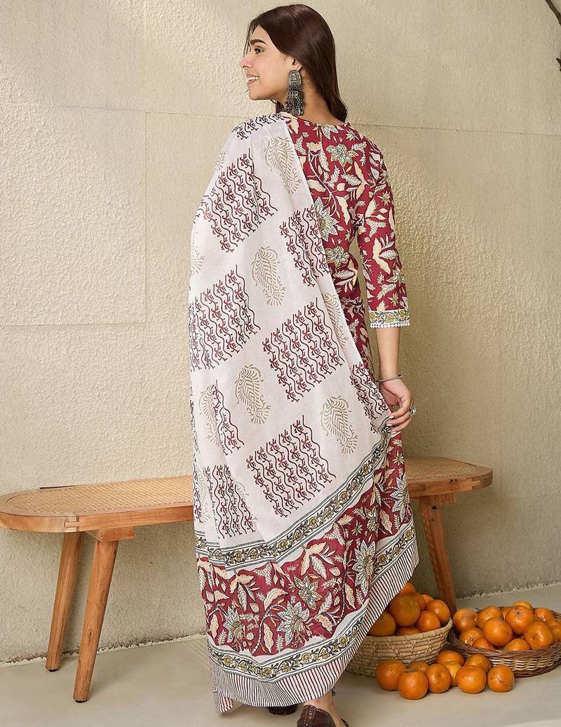 Floral Printed V-Neck Pure Cotton Straight Kurta With Trousers And Dupatta