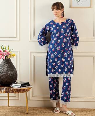 Floral Printed Pure Cotton Notch Neck Straight Kurta With Trousers 3
