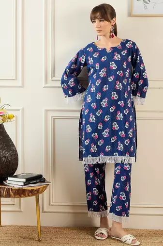 Floral Printed Pure Cotton Notch Neck Straight Kurta With Trousers