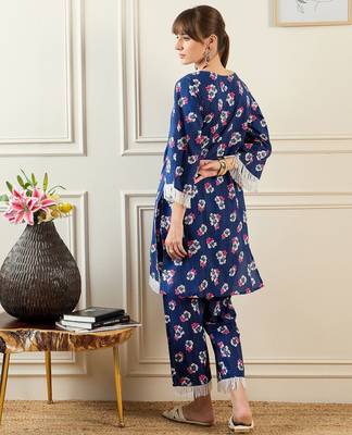 Floral Printed Pure Cotton Notch Neck Straight Kurta With Trousers 5