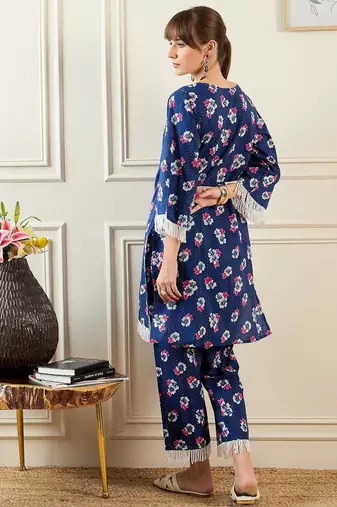 Floral Printed Pure Cotton Notch Neck Straight Kurta With Trousers