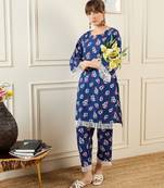 Floral Printed Pure Cotton Notch Neck Straight Kurta With Trousers