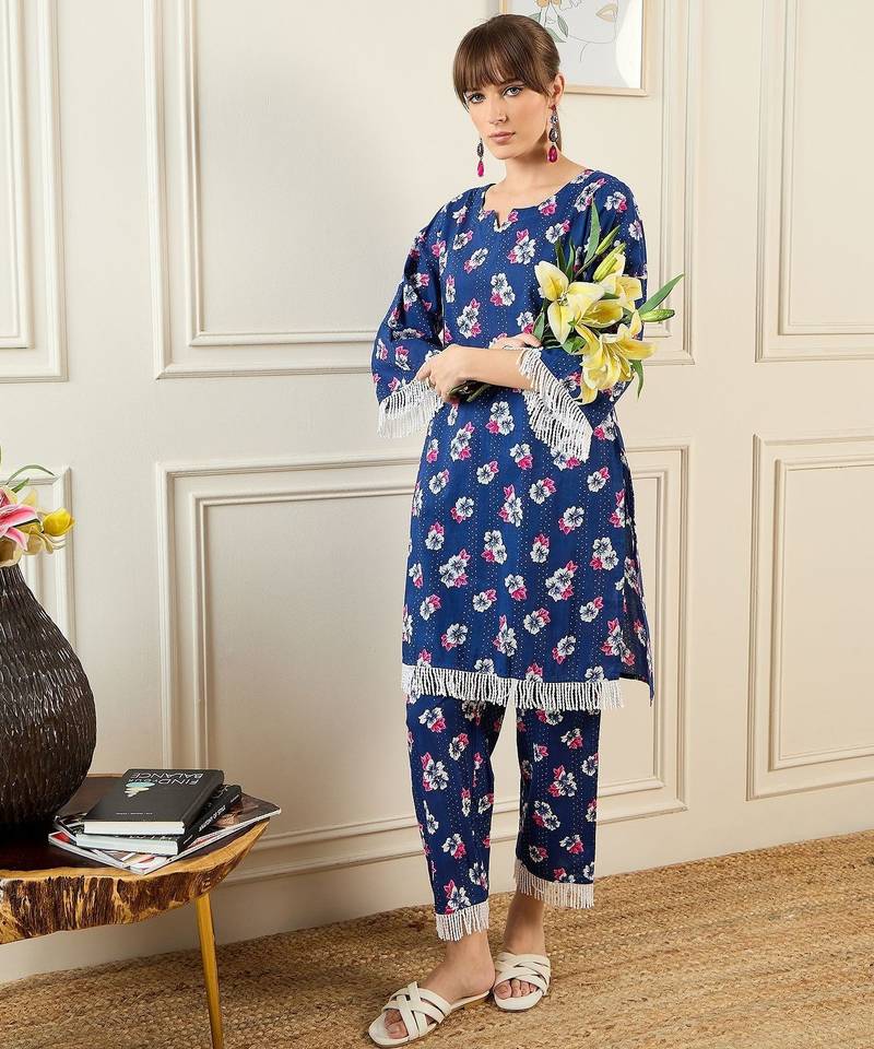 Floral Printed Pure Cotton Notch Neck Straight Kurta With Trousers