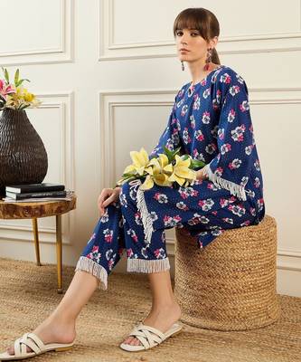 Floral Printed Pure Cotton Notch Neck Straight Kurta With Trousers 6