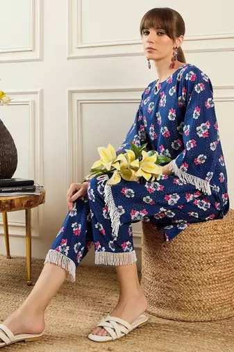 Floral Printed Pure Cotton Notch Neck Straight Kurta With Trousers