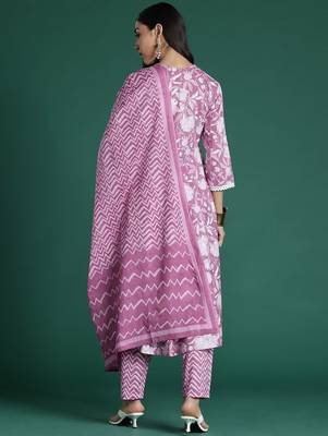 Women Floral Printed Regular  Cotton Kurta with Trousers & With Dupatta 7