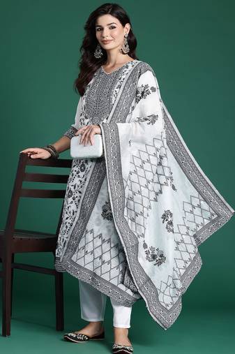 Floral Woven Design Kurta With Trousers & Dupatta