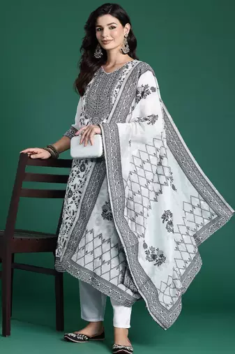 Floral Woven Design Kurta With Trousers & Dupatta