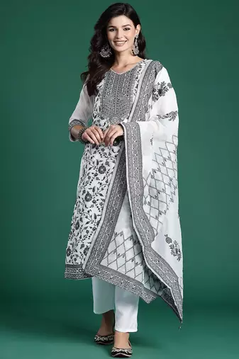 Floral Woven Design Kurta With Trousers & Dupatta