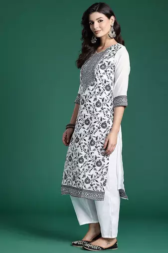 Floral Woven Design Kurta With Trousers & Dupatta