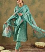 Floral Embroidered Thread Work Chanderi Silk Kurta with Trousers & Dupatta