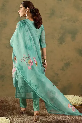 Floral Embroidered Thread Work Chanderi Silk Kurta with Trousers & Dupatta