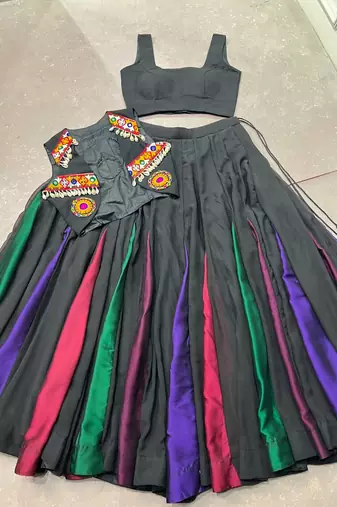 Women's Georgette Black free size Navratri Lehenga with Stitched Blouse and Koti Set