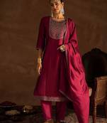 Maroon Ethnic Motifs Embroidered Regular Sequinned Kurta with Trousers & Dupatta