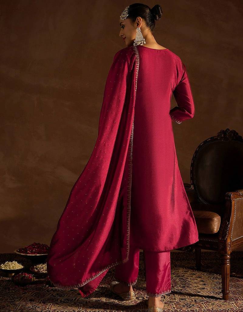 Maroon Ethnic Motifs Embroidered Regular Sequinned Kurta with Trousers & Dupatta