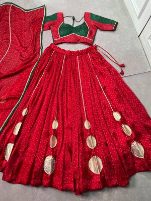 Women Red Bandhej Printed Satin Chiffon Navratri Free Size Stitched Lehenga Choli Set 5