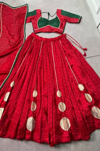 Women Red Bandhej Printed Satin Chiffon Navratri Free Size Stitched Lehenga Choli Set