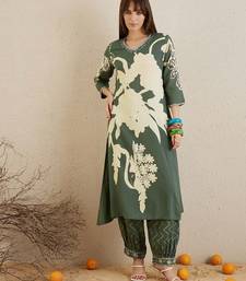 Green Floral Printed Sequinned V-Neck Straight Kurta With Salwar