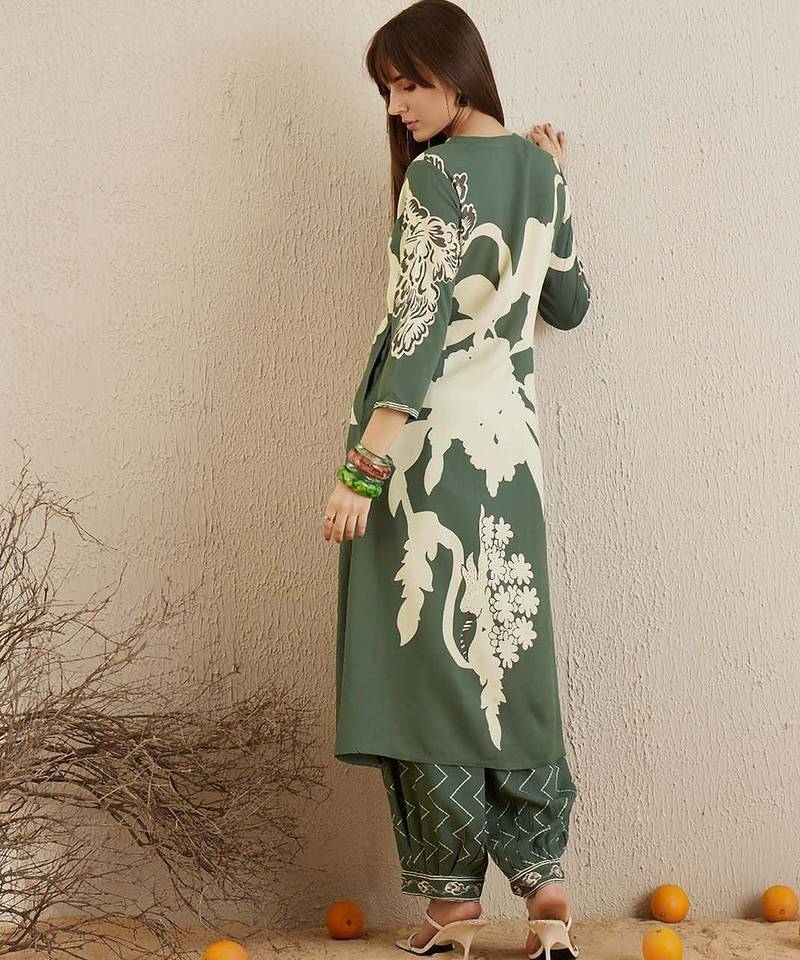 Green Floral Printed Sequinned V-Neck Straight Kurta With Salwar