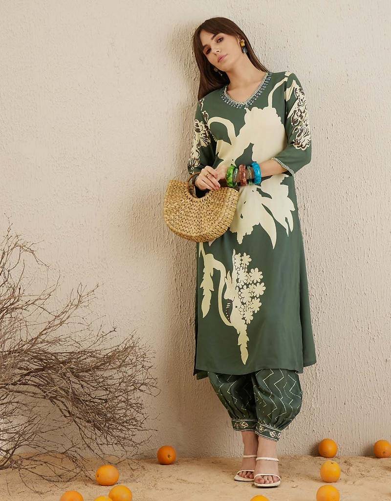 Green Floral Printed Sequinned V-Neck Straight Kurta With Salwar
