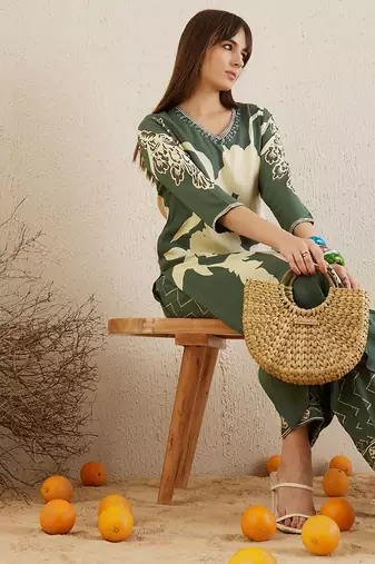 Green Floral Printed Sequinned V-Neck Straight Kurta With Salwar