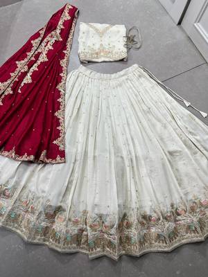 Women's Off-White Vichitra silk blend Embroidered Lehenga Choli Set with Maroon Dupatta 5