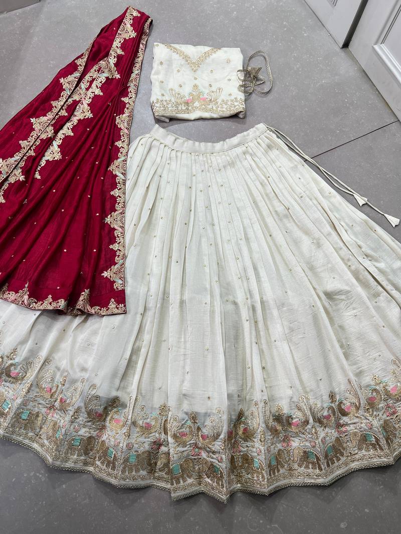 Women's Off-White Vichitra silk blend Embroidered Lehenga Choli Set with Maroon Dupatta