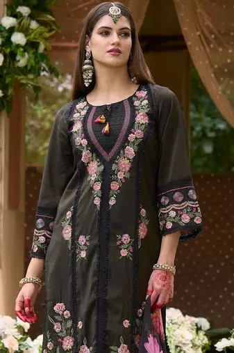 Women Floral Embroidered Panelled Thread Work Kurta with Trousers & With Dupatta