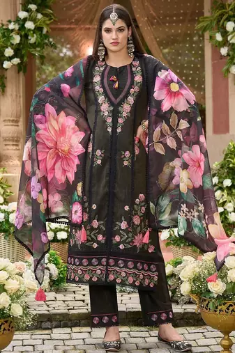 Women Floral Embroidered Panelled Thread Work Kurta with Trousers & With Dupatta