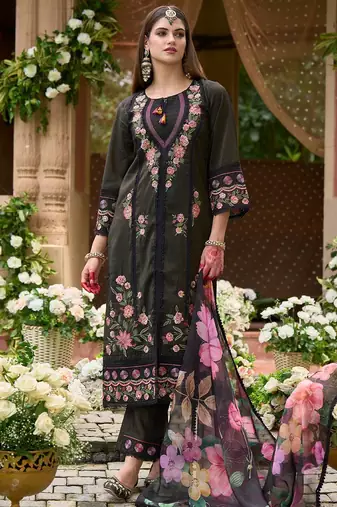 Women Floral Embroidered Panelled Thread Work Kurta with Trousers & With Dupatta