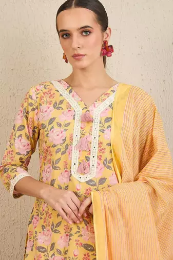 Floral Printed Thread Work Pure Cotton Straight Kurta With Trousers & Dupatta
