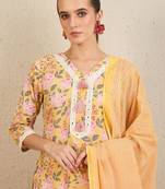 Floral Printed Thread Work Pure Cotton Straight Kurta With Trousers & Dupatta
