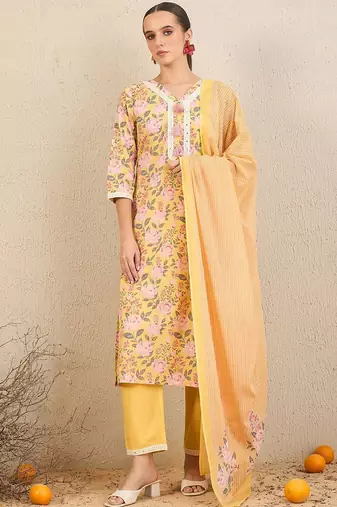Floral Printed Thread Work Pure Cotton Straight Kurta With Trousers & Dupatta