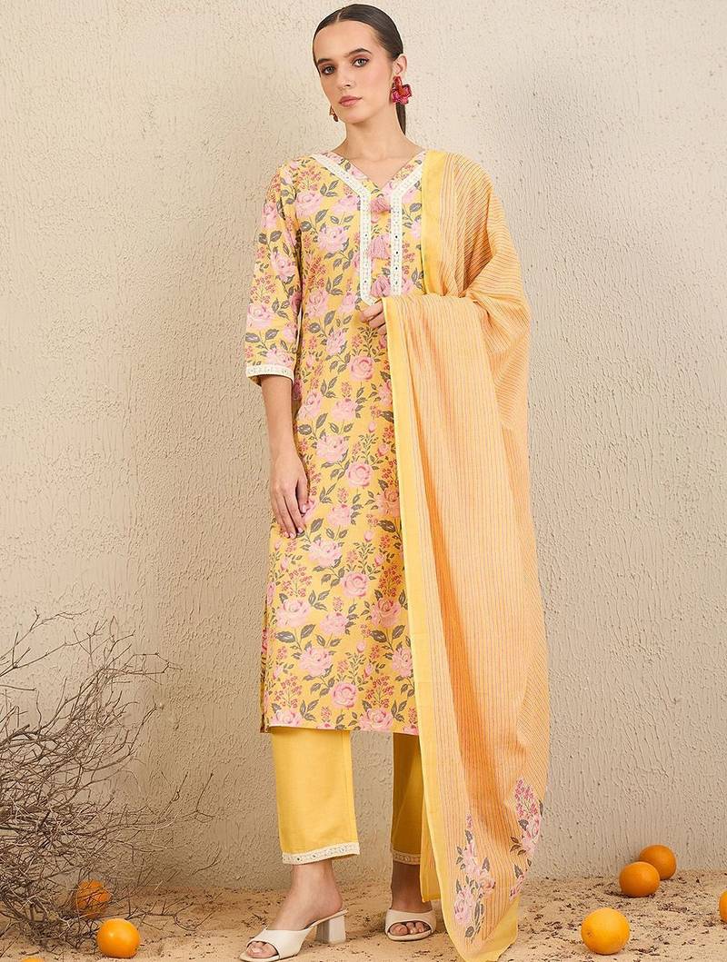 Floral Printed Thread Work Pure Cotton Straight Kurta With Trousers & Dupatta