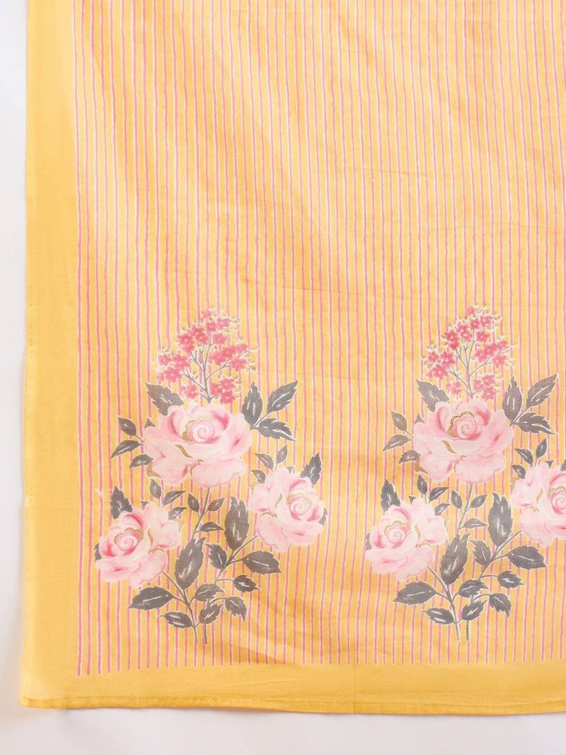Floral Printed Thread Work Pure Cotton Straight Kurta With Trousers & Dupatta