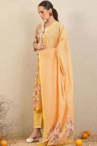 Floral Printed Thread Work Pure Cotton Straight Kurta With Trousers & Dupatta