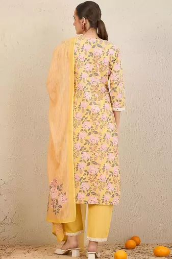 Floral Printed Thread Work Pure Cotton Straight Kurta With Trousers & Dupatta