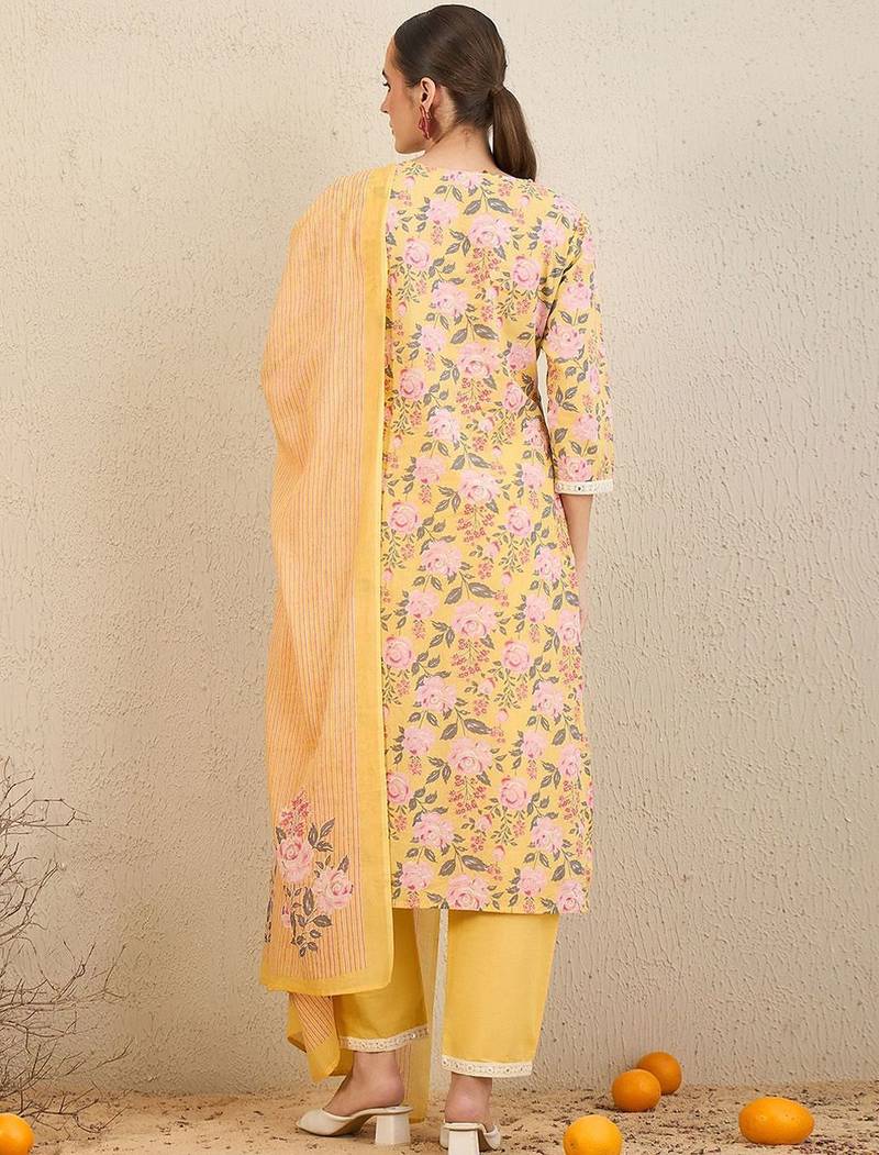 Floral Printed Thread Work Pure Cotton Straight Kurta With Trousers & Dupatta