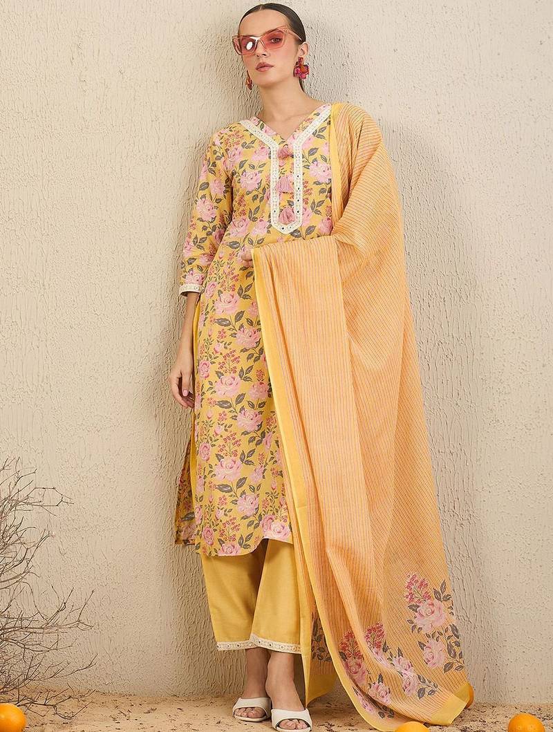 Floral Printed Thread Work Pure Cotton Straight Kurta With Trousers & Dupatta